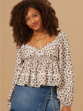Floral Peasant Smocked Waist Boho Blouse - Ivory/Brown